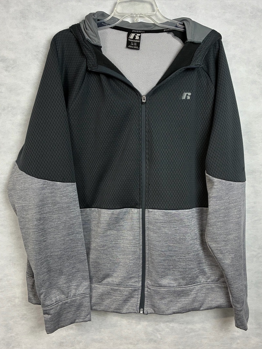 Russell Tech Fleece Hoodie Jacket Gray Black Mens Sz XL Full Zip Pockets Flaw
